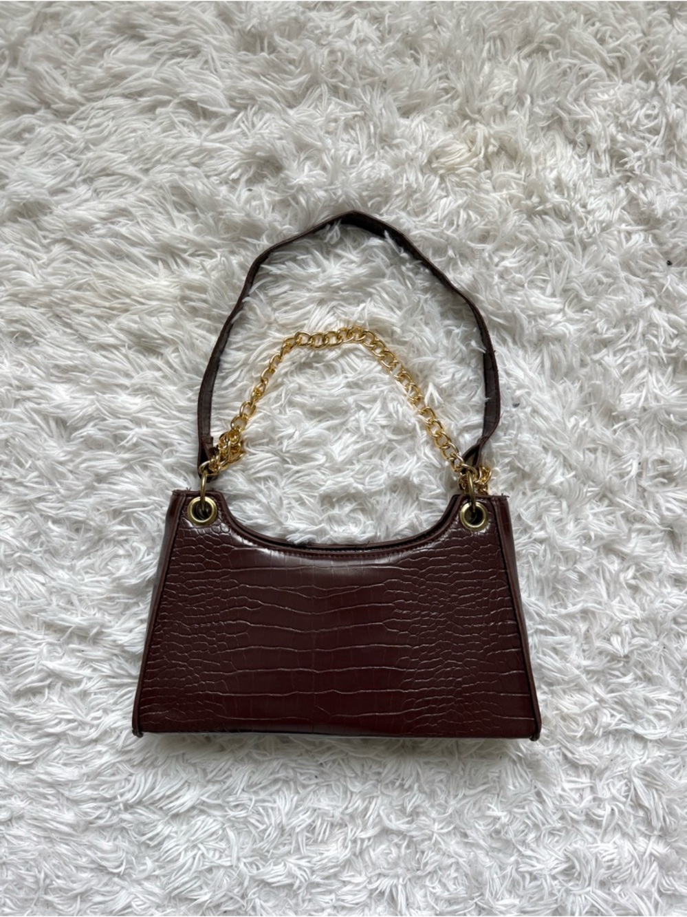 Nasty Gal Dark Brown Croc-Embossed Shoulder Bag with Gold Chain